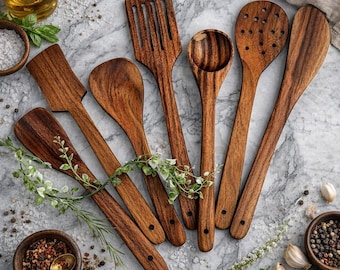 Teak Wood Cooking Utensils Set – 7-Piece Kitchen Spoons & Spatulas