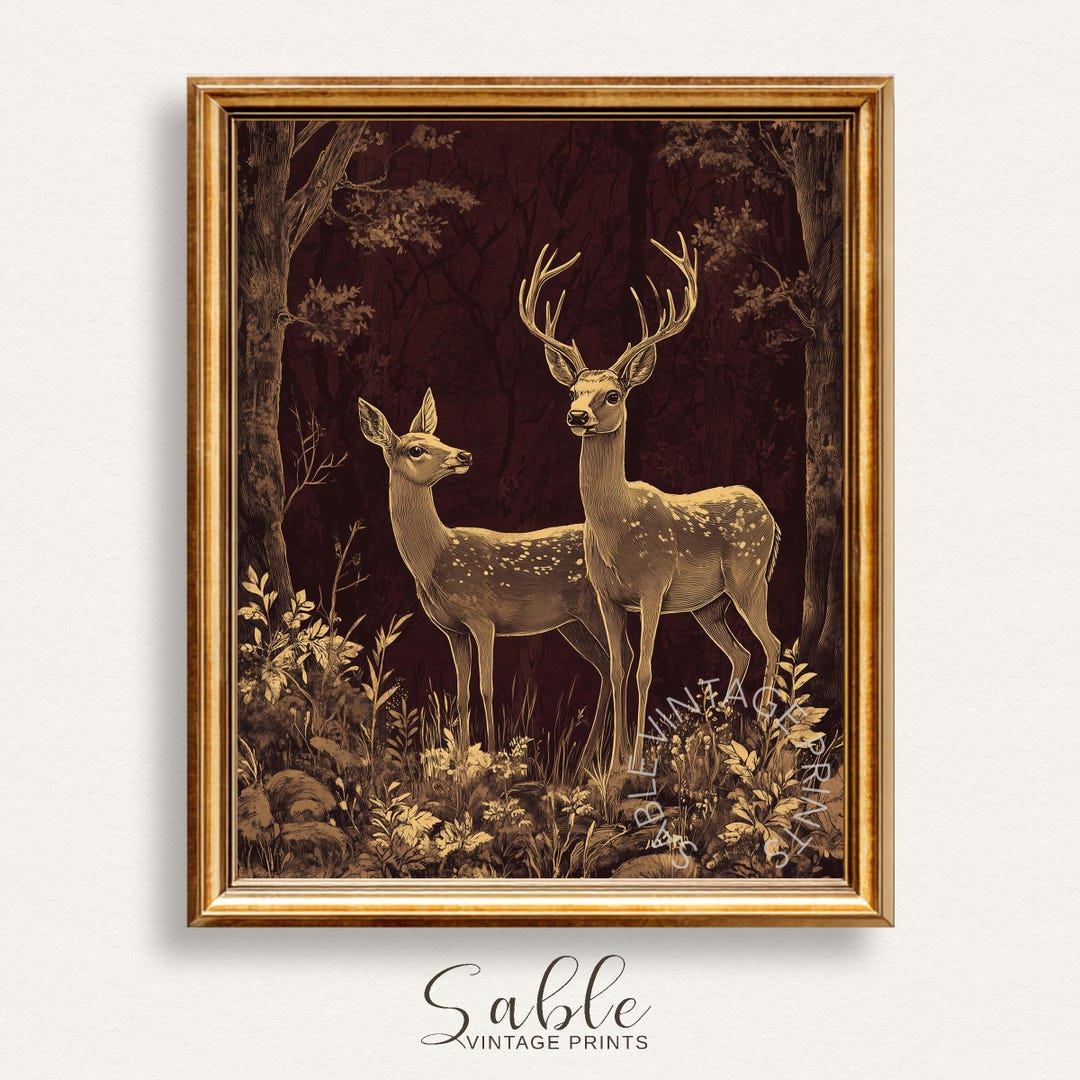 Rustic Woodland Deer Pair Wall Art, Vintage Sepia Cabin Decor (digital ...