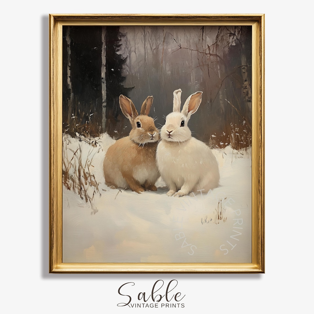Two Cute Rabbits in Snowy Forest - Vintage Winter Wall Art, Cozy Rustic ...