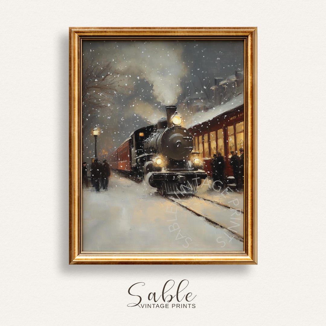 Vintage Steam Locomotive at Snowy Train Station - Winter Wall Art ...