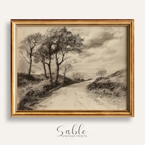 Country Road Vintage Sepia Sketch, Rustic Neutral Landscape Art (Digital Download) 139
