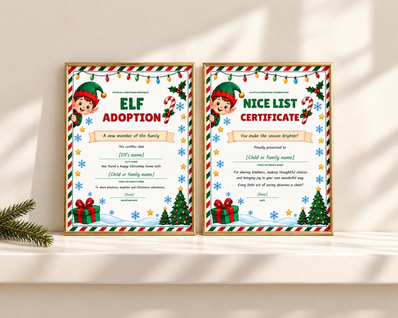 May include: Two framed certificates with gold borders featuring Christmas themes. The left document reads ELF ADOPTION, and the right reads NICE LIST CERTIFICATE. Both include illustrations of an elf, candy canes, gifts, and holiday lights.