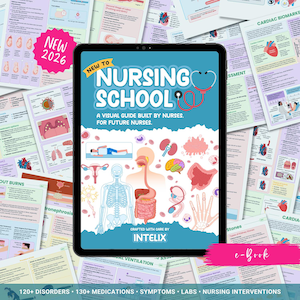 May include: A digital e-book titled "New to Nursing School" displayed on a tablet, surrounded by educational charts. The e-book cover features anatomical illustrations and the text "A visual guide built by nurses. For future nurses."
