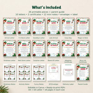 May include: A set of 26 printable Christmas elf-themed stationery pieces including 10 letters, 2 certificates, 12 mini notes, an envelope, and a label. The designs feature red, green, and white borders with festive holiday graphics.