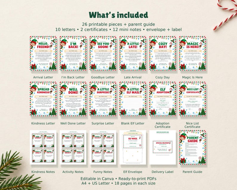 May include: A set of 26 printable Christmas elf-themed stationery pieces including 10 letters, 2 certificates, 12 mini notes, an envelope, and a label. The designs feature red, green, and white borders with festive holiday graphics.