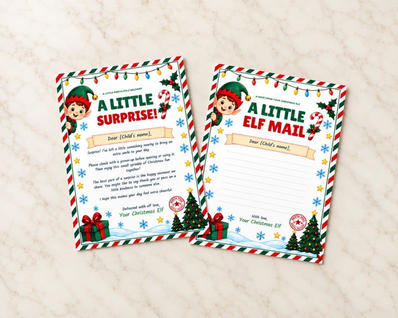 May include: Two rectangular Christmas stationery cards featuring a festive border of red and green stripes, colorful string lights, snowflakes, and holly. One card reads A LITTLE SURPRISE and the other A LITTLE ELF MAIL, both with an elf illustration.