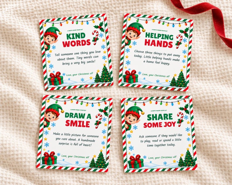 May include: Four square cards featuring Christmas elf illustrations, candy canes, presents, and holiday lights. Each card contains text: Kind Words, Helping Hands, Draw a Smile, and Share Some Joy, with the sign-off Love, your Christmas elf.