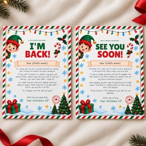 May include: Two rectangular Christmas elf arrival and departure letters with red and green striped borders. The left card reads I'M BACK! and the right card reads SEE YOU SOON! Both feature a cartoon elf, candy canes, gifts, and trees.
