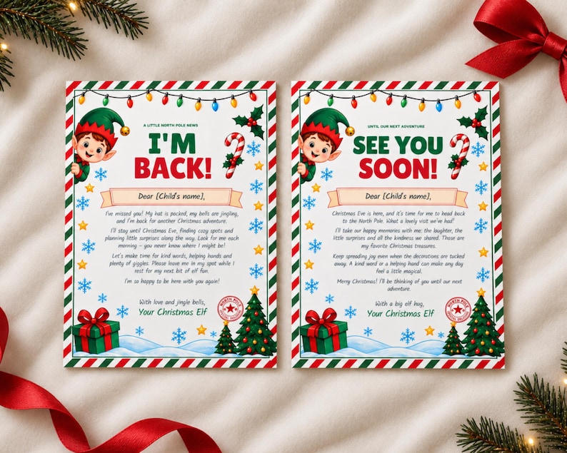 May include: Two rectangular Christmas elf arrival and departure letters with red and green striped borders. The left card reads I'M BACK! and the right card reads SEE YOU SOON! Both feature a cartoon elf, candy canes, gifts, and trees.