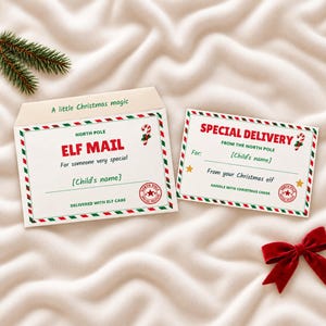 May include: A cream-colored envelope and matching card featuring red and green striped borders. The envelope reads A little Christmas magic, North Pole, ELF MAIL, For someone very special, [Child's name], and Delivered with elf care.