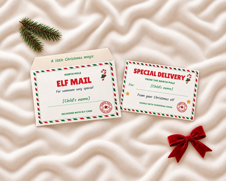 May include: A cream-colored envelope and matching card featuring red and green striped borders. The envelope reads A little Christmas magic, North Pole, ELF MAIL, For someone very special, [Child's name], and Delivered with elf care.