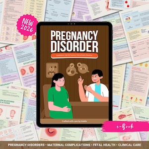 May include: An e-book titled "Pregnancy Disorder" displayed on a tablet, featuring illustrations of a pregnant person and a healthcare provider. The image is surrounded by printed medical charts and includes the text "NEW 2026" and "e-Book".