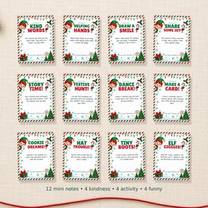 May include: Twelve rectangular Christmas-themed cards featuring an elf illustration, colorful string lights, and holiday motifs. Each card contains a unique title and text, including Kind Words, Helping Hands, Draw a Smile, Share Some Joy, Story Time, Festive Hunt, Dance Break, Make a Card, Cookie Dreams, Hat Trouble, Tiny Boots, and Elf Giggles.