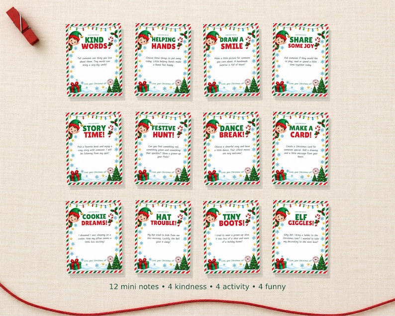 May include: Twelve rectangular Christmas-themed cards featuring an elf illustration, colorful string lights, and holiday motifs. Each card contains a unique title and text, including Kind Words, Helping Hands, Draw a Smile, Share Some Joy, Story Time, Festive Hunt, Dance Break, Make a Card, Cookie Dreams, Hat Trouble, Tiny Boots, and Elf Giggles.