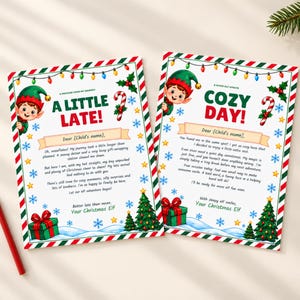 May include: Two rectangular Christmas-themed stationery cards featuring a cartoon elf, string lights, candy canes, and green Christmas trees. The left card reads A LITTLE LATE! and the right card reads COZY DAY! with printed text and blank spaces.