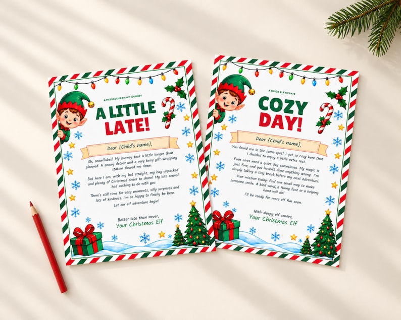 May include: Two rectangular Christmas-themed stationery cards featuring a cartoon elf, string lights, candy canes, and green Christmas trees. The left card reads A LITTLE LATE! and the right card reads COZY DAY! with printed text and blank spaces.