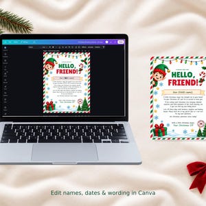 May include: A laptop displaying a customizable Christmas elf letter template in Canva, alongside a printed version of the same letter. The design features a cartoon elf, colorful holiday lights, a candy cane, a gift, and a Christmas tree.