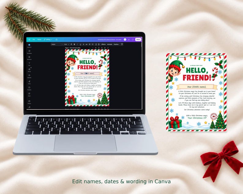 May include: A laptop displaying a customizable Christmas elf letter template in Canva, alongside a printed version of the same letter. The design features a cartoon elf, colorful holiday lights, a candy cane, a gift, and a Christmas tree.
