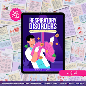 Può includere: Un e-book intitolato "Respiratory Disorders" con il sottotitolo "Lung Diseases & Respiratory Conditions Simplified" è visualizzato su un tablet. La copertina presenta un'illustrazione di un medico con polmoni e particelle virali. Guide di studio stampate circondano il tablet.