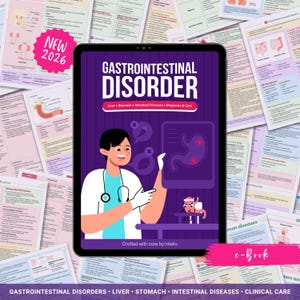Puede incluir: Una tableta muestra un libro electrónico titulado "GASTROINTESTINAL DISORDER", con una ilustración de un médico y diagramas médicos. La portada incluye el texto "Liver • Stomach • Intestinal Diseases • Diagnosis & Care". Notas de estudio médico rodean la tableta. Una pancarta rosa dice "e-Book".