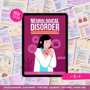 May include: An e-book cover titled "Neurological Disorder" with the subtitle "Brain & Nervous System Disorders Simplified." The cover features a doctor figure holding a brain illustration, surrounded by icons. The background includes medical charts.