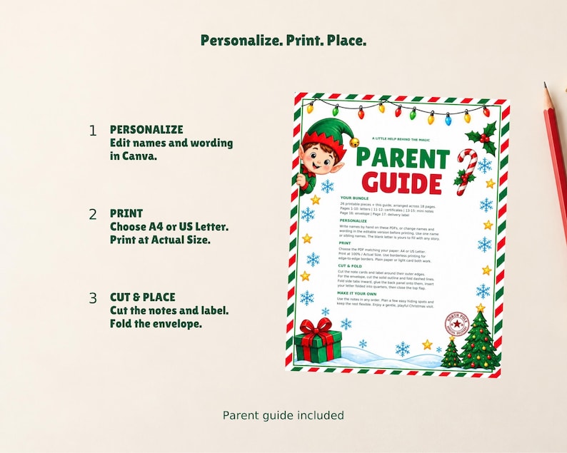 May include: A printable parent guide document featuring a Christmas theme with a green elf, candy cane, gift box, and pine trees. The text reads Personalize. Print. Place. and Parent Guide, with instructions for editing, printing, and cutting out the items.