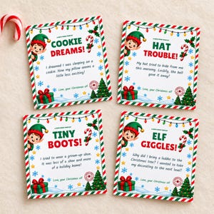 May include: Four square cards featuring Christmas elf illustrations, candy cane borders, and holiday text. Each card displays a unique message from an elf, including titles like Cookie Dreams, Hat Trouble, Tiny Boots, and Elf Giggles, with a candy cane.
