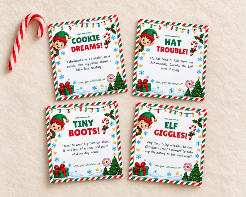 May include: Four square cards featuring Christmas elf illustrations, candy cane borders, and holiday text. Each card displays a unique message from an elf, including titles like Cookie Dreams, Hat Trouble, Tiny Boots, and Elf Giggles, with a candy cane.