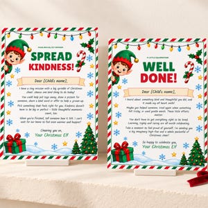 May include: Two rectangular cards with Christmas themes. The left card reads SPREAD KINDNESS! and the right card reads WELL DONE! Both feature a cartoon elf, string lights, holly, a candy cane, snowflakes, stars, a gift box, and a Christmas tree.