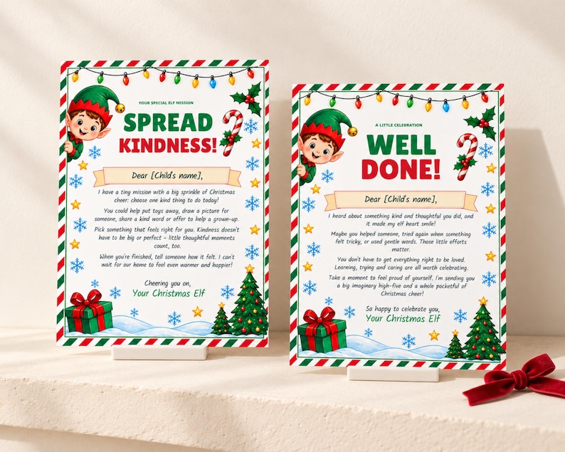 May include: Two rectangular cards with Christmas themes. The left card reads SPREAD KINDNESS! and the right card reads WELL DONE! Both feature a cartoon elf, string lights, holly, a candy cane, snowflakes, stars, a gift box, and a Christmas tree.