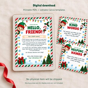 May include: A digital download featuring a tablet displaying a letter titled Hello, Friend! with an elf illustration, candy cane, and Christmas trees. Two square cards show Kind Words and Helping Hands text with matching holiday graphics.