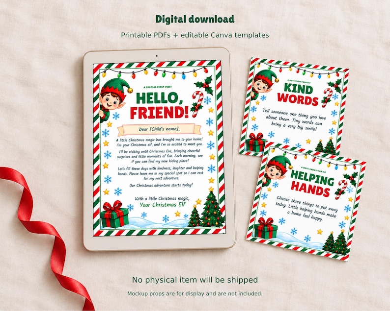 May include: A digital download featuring a tablet displaying a letter titled Hello, Friend! with an elf illustration, candy cane, and Christmas trees. Two square cards show Kind Words and Helping Hands text with matching holiday graphics.