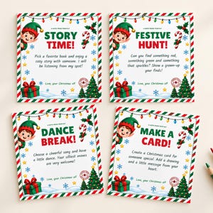 May include: Four square Christmas cards featuring a cartoon elf, a Christmas tree, gifts, and string lights. The cards display the text: STORY TIME!, FESTIVE HUNT!, DANCE BREAK!, and MAKE A CARD!, each with instructions from a Christmas elf.