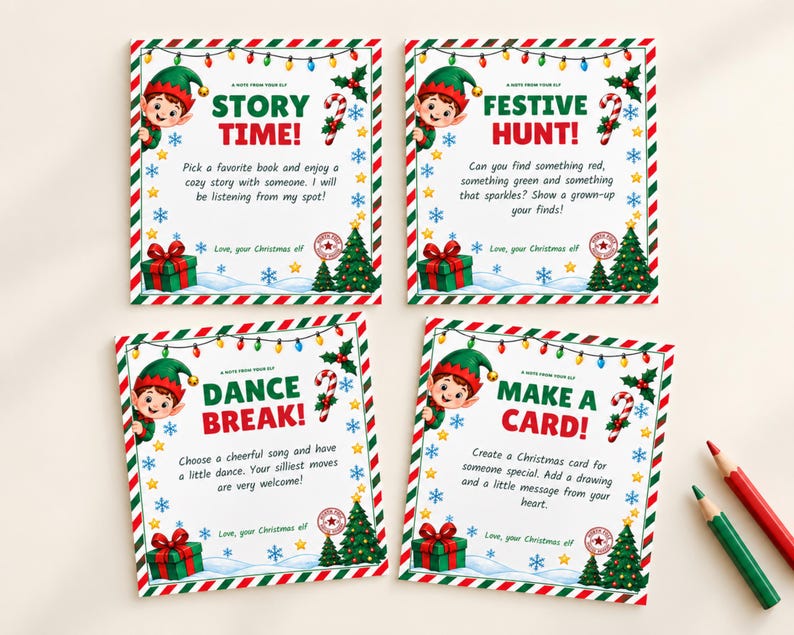 May include: Four square Christmas cards featuring a cartoon elf, a Christmas tree, gifts, and string lights. The cards display the text: STORY TIME!, FESTIVE HUNT!, DANCE BREAK!, and MAKE A CARD!, each with instructions from a Christmas elf.