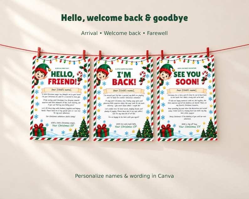 May include: Three printable Christmas elf letter templates hanging on a red string. The letters feature festive borders with lights, snowflakes, and holly. Text includes Hello Friend, I'm Back, and See You Soon with spaces for personalization.