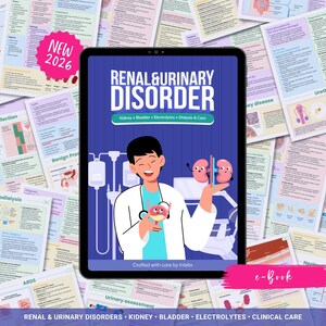 Pode incluir: Um e-book digital intitulado "RENAL & URINARY DISORDER" é exibido em um tablet, com um médico de desenho animado e ilustrações de rins e bexiga. Várias folhas de estudo médico circundam o tablet. A imagem inclui o texto "NEW 2026".