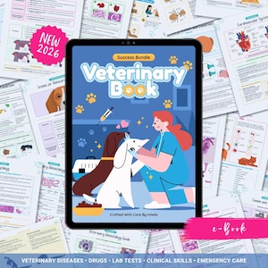 Op de afbeelding: Een digitaal e-book getiteld "Veterinary Book" wordt weergegeven op een tablet. De cover bevat illustraties van een dierenarts met twee honden, een spuit en pootafdrukken. Gedrukte pagina's met veterinaire informatie omringen de tablet. De tekst "NEW 2026" en "e-Book" zijn ook zichtbaar.