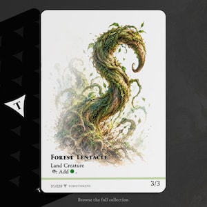 May include: A rectangular game card featuring a detailed illustration of a twisting, green, vine-like forest tentacle creature. The text reads Forest Tentacle, Land Creature, Add, 51/229, Todotokens, and 3/3. The card has a white background.