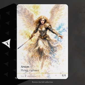 Peut inclure: Carte illustrée d'un ange en armure dorée et robe blanche, avec de grandes ailes et une épée. L'ange est entouré d'une lumière dorée. Le texte sur la carte indique "Angel, Flying, vigilance" et "4/4".