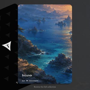 May include: A rectangular game card featuring a vibrant coastal landscape illustration with rocky cliffs, blue water, and distant mountains under a sunset sky. The card displays the text ISLAND, B1/7, and TODOTOKENS at the bottom edge.