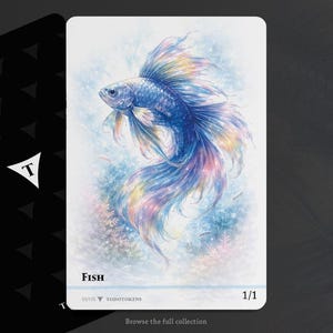 以下が含まれることがあります： カラフルなヒレを持つ青い魚が描かれたファンタジーアートカード。「Fish」の文字が下部にあり、「TODOTOKENS」と「1/1」の文字も表示されています。背景は柔らかい水彩画風のデザインです。