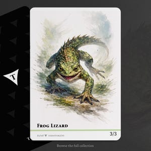 Può includere: Una carta da gioco rettangolare con un'illustrazione ad acquerello di una creatura lucertola-rana verde e strutturata. La carta mostra il testo Frog Lizard, il numero 3/3 e il testo 51/147 Todotokens in basso su uno sfondo bianco.