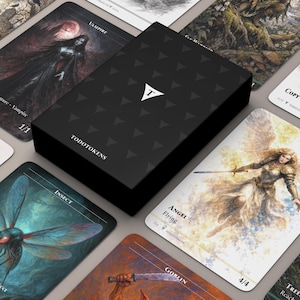 May include: A black rectangular deck box with a white T logo and the text TODOTOKENS, surrounded by various illustrated game cards featuring characters like a vampire, an angel, an insect, and a goblin with detailed fantasy artwork.