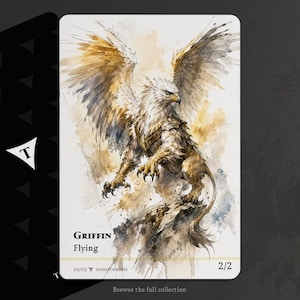 Peut inclure: Une carte de jeu rectangulaire présentant une illustration à l'aquarelle d'un griffon aux ailes déployées. Le texte indique Griffin, Flying, 2/2 et 51/172 Todotokens. La carte a un fond blanc avec des éclaboussures de peinture dorée et brune.