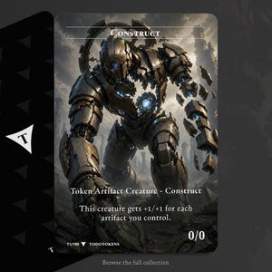 Peut inclure: Une carte de jeu rectangulaire représentant un robot construct en bronze métallique avec des centres d'énergie bleus lumineux. Le texte de la carte indique Construct, Token Artifact Creature - Construct, et This creature gets +1/+1 for each artifact you control.