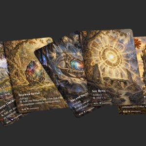 May include: A collection of five rectangular trading cards featuring detailed fantasy illustrations. The cards display text including Exotic Orchard, Fellwar Stone, Arcane Signet, Sol Ring, and a partial title, with artwork depicting landscapes, glowing artifacts, and structures.