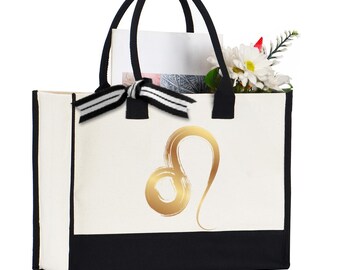 Leo Zodiac Canvas Tote, Gold Leo Symbol Bag, Minimal Astrology Horoscope Tote, Cute Zodiac Aesthetic Shopper