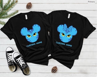 Camisetas personalizadas de Mickey y Avatar para parejas: camisetas personalizadas con orejas de gato azul a juego, conjuntos para vacaciones familiares, camisetas personalizadas con nombre para niños y adultos.