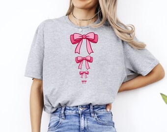 Cute Pink Bow T-Shirt, Kawaii Ribbon Aesthetic Shirt, Soft Girl Bow Graphic Tee, Girly Bow Outfit Top