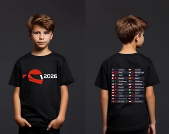 Camiseta infantil de la temporada de carreras 2026, camiseta juvenil de automovilismo, camiseta con calendario de carreras estilo Fórmula, regalo genial para niños.